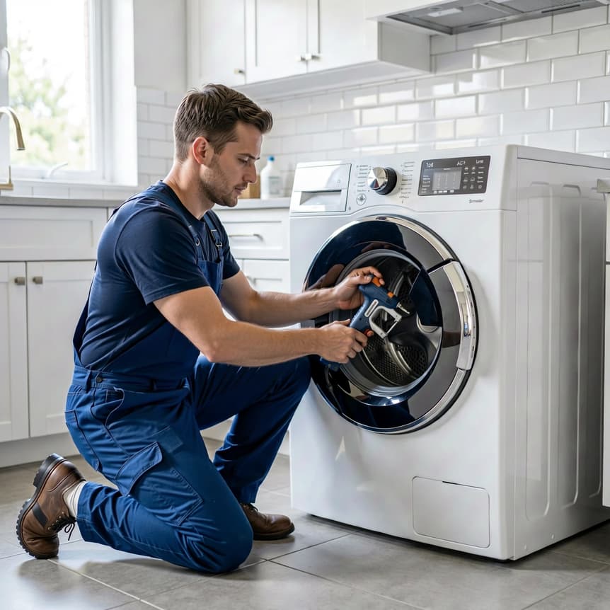 folsom washer dryer repair technician fixing machine in laundry room